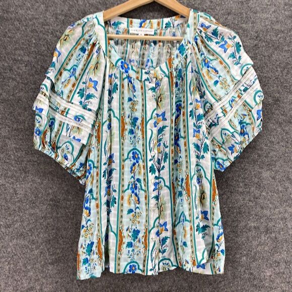 Jane & Delancey Top Women M Medium White Striped Button Up Short Sleeve Rayon - Picture 4 of 9